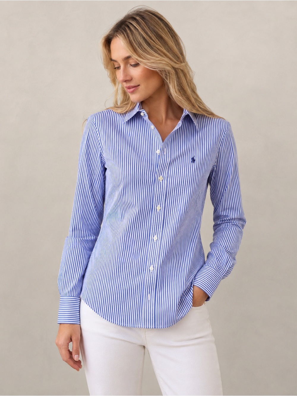 Polo Ralph Lauren Women's Slim Fit Shirt Blue White Stripe Nylon stretch medium - Picture 1 of 15